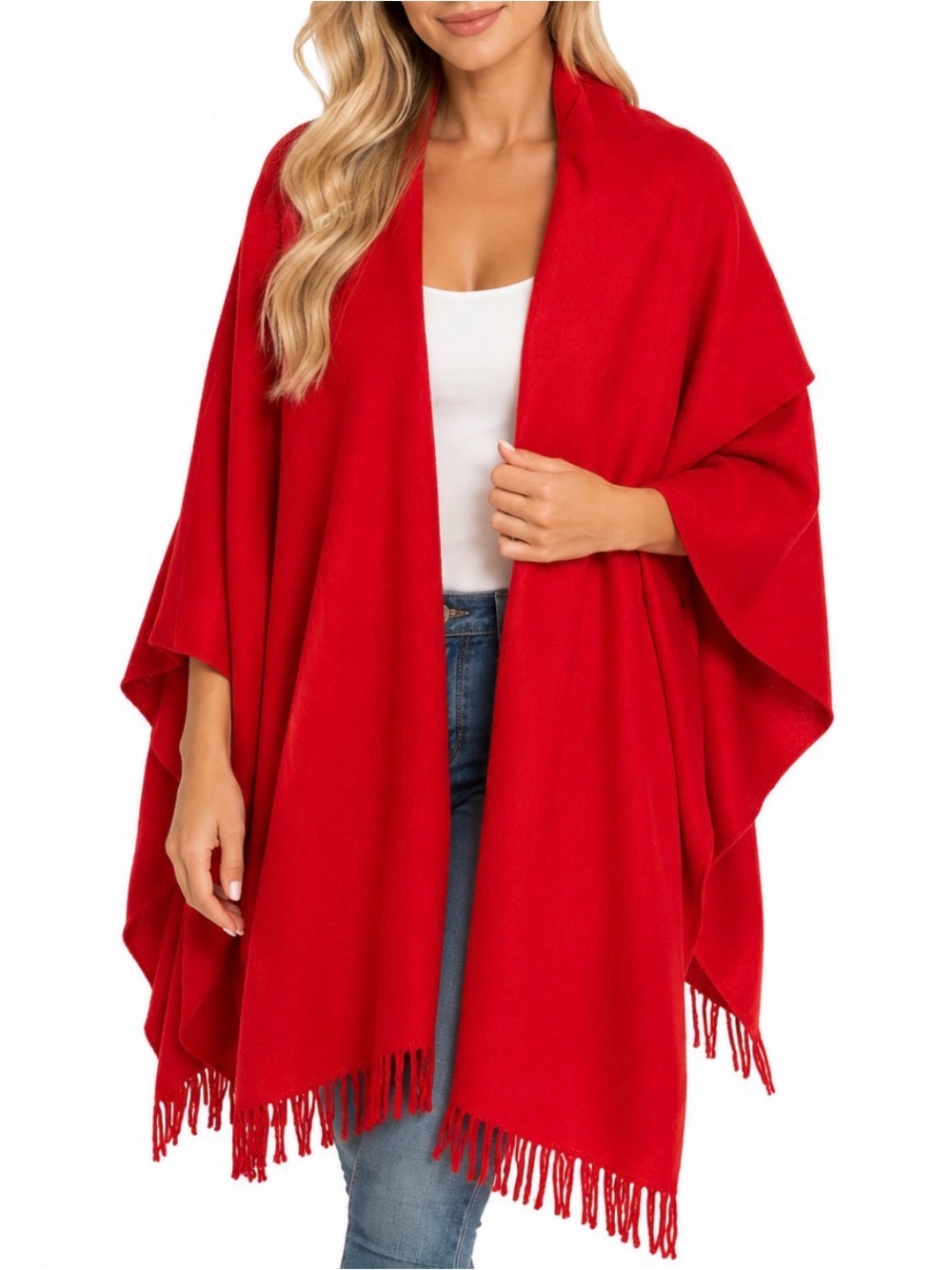Women’s Red Oversized Fringe Wrap Shawl Cape Poncho Holiday One Size wool blend